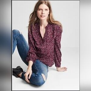 GAP Blouse XS Purple Abstract Floral Print Peplum Split Neck Top Boho Y2K